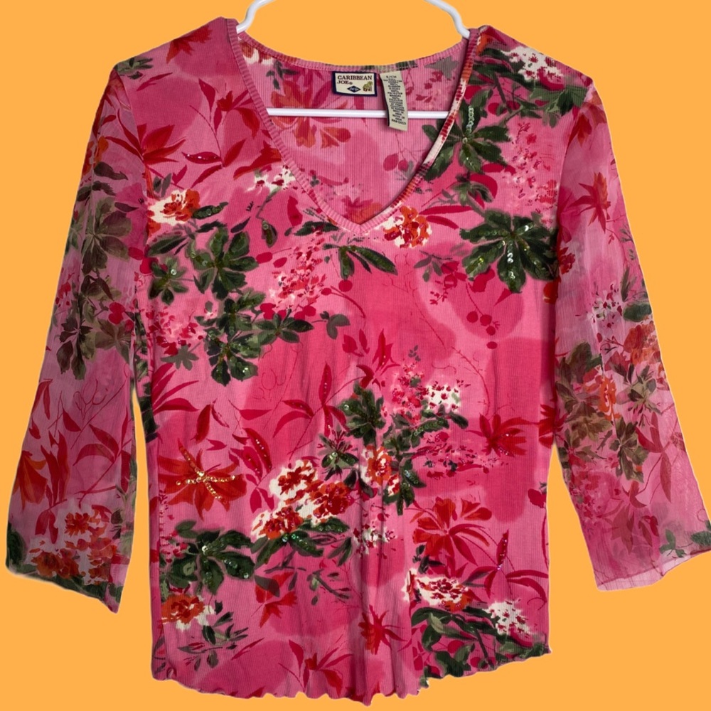 Y2k Caribbean Joe Pink Floral Top with sequins and mesh sleeves - Picture 1 of 5